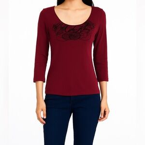 Calvin Klein Burgundy Scoop Neck Graphic Top | Fall Winter Layering M